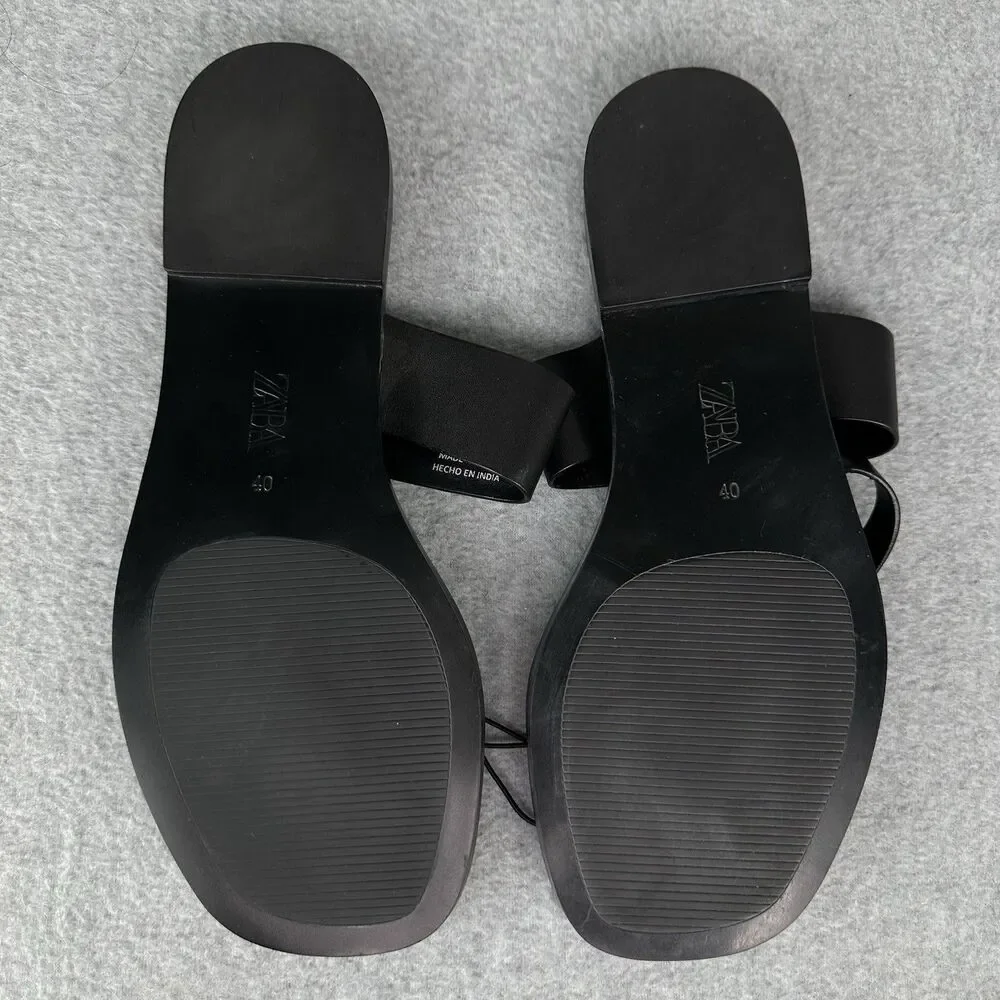 Zara Leather Sandals Womens EU 40 US 9 Black Strappy Casual Slide On Minimalist - Picture 5 of 13